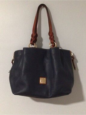 Dooney & Bourke Navy Pebbled Leather Shoulder Bag with Brown Braided Handles
